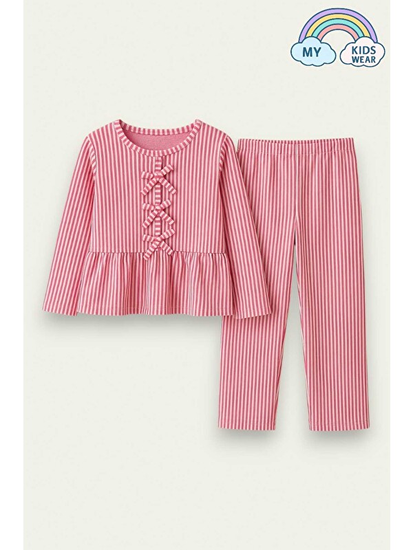 My Kids Wear Kız Çocuk Çizgili Fırfırlı Pijama Takımı 5-16 Yaş 12044
