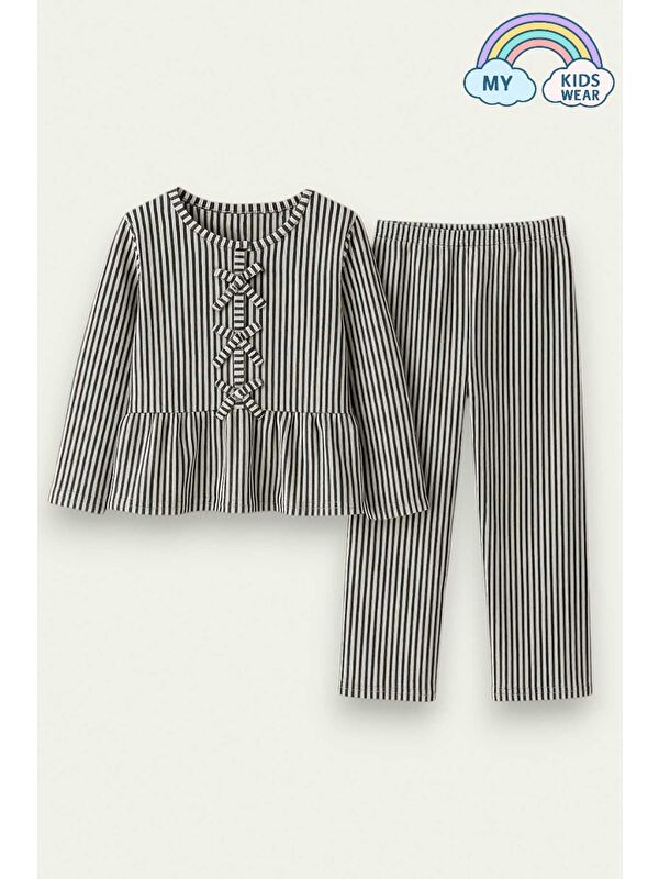 My Kids Wear Kız Çocuk Çizgili Fırfırlı Pijama Takımı 5-16 Yaş 12046
