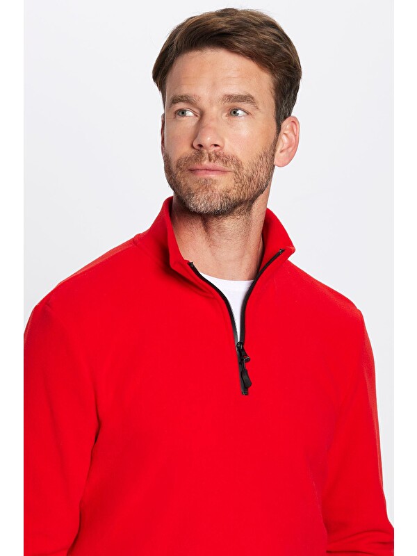 TUDORS Unisex Standart Fit Anti-Pilling Tüylenme Yapmayan Soğuk Geçirmez Kırmızı Dik Yaka Polar Sweatshirt