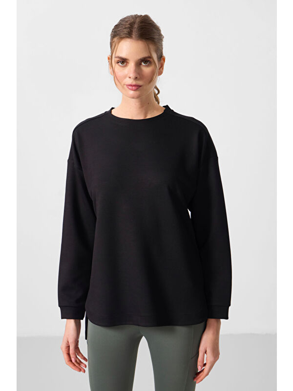 Tommylife Siyah Yumuşak Dokulu O Yaka Rahat Form Kadın Tunik Sweatshirt - 97305