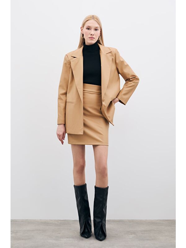 SATEEN Mini Deri Etek - Bej
