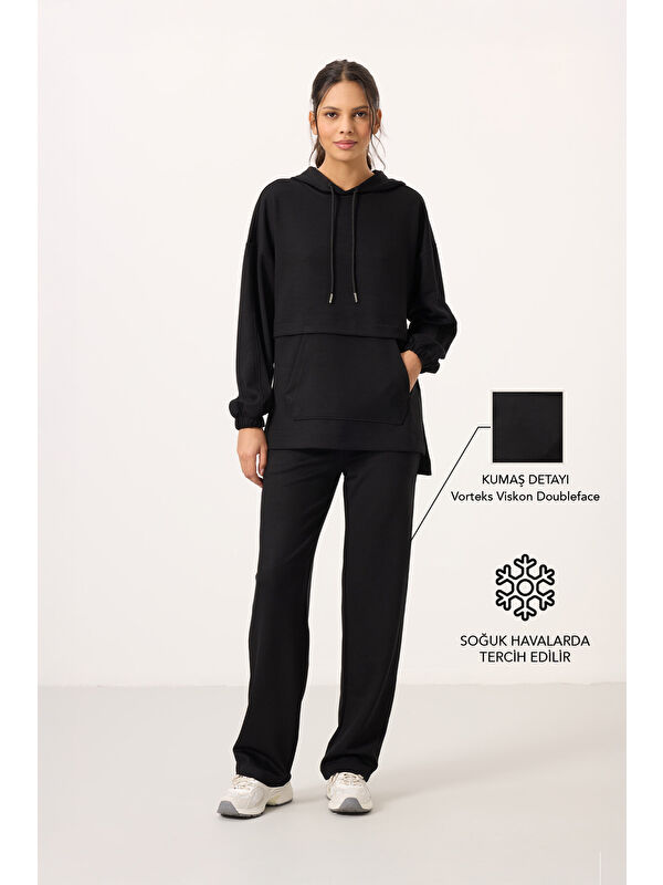 Tommylife Siyah Yumuşak Dokulu Kapüşonlu Oversize Kadın Eşofman Tunik Takım   95348