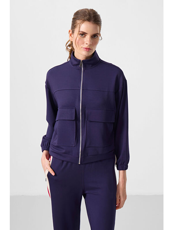 Tommylife Koyu Mor Yumuşak Dokulu Dik Yaka Oversize Kargo Cepli Kadın Crop Top Sweatshirt - 97301