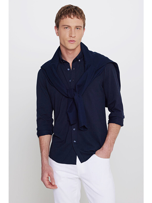 Altınyıldız Classics Erkek Lacivert 360 Her Yöne Esneyen Pamuklu Tailored Slim Fit Dar Kesim Düğmeli Yaka Örme Gömlek
