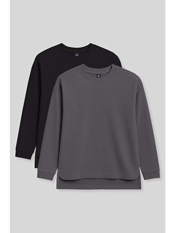 Tommylife Rahat Form O Yaka 2li Paket Siyah-Koyu Gri Kadın Tunik Sweatshirt - 97305
