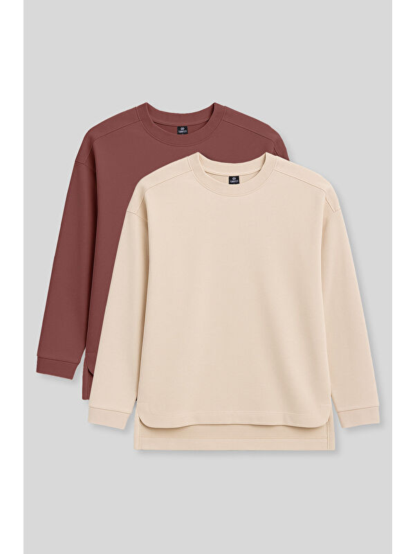 Tommylife Rahat Form O Yaka 2li Paket Bej-Kahverengi Kadın Tunik Sweatshirt - 97305