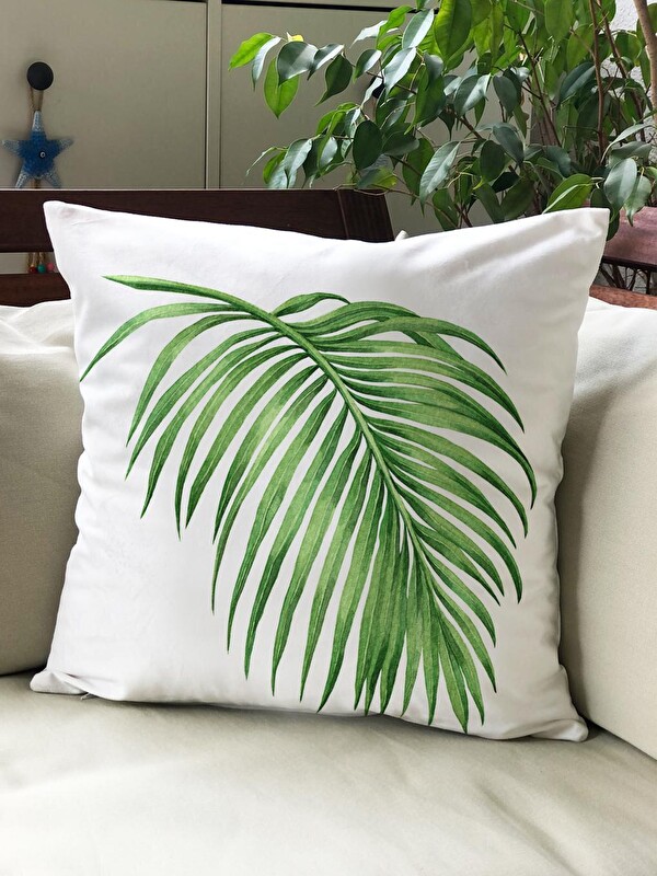 Evmila Kadife Doku Çift Taraf Baskılı Yeşil Yaprak Desen 43x43 cm Tekli Kırlent Kılıfı