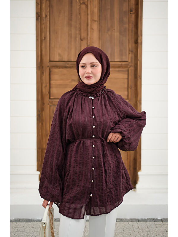Locco Moda Kadın Önü Britli Simli Büzgülü Gömlek Mürdüm