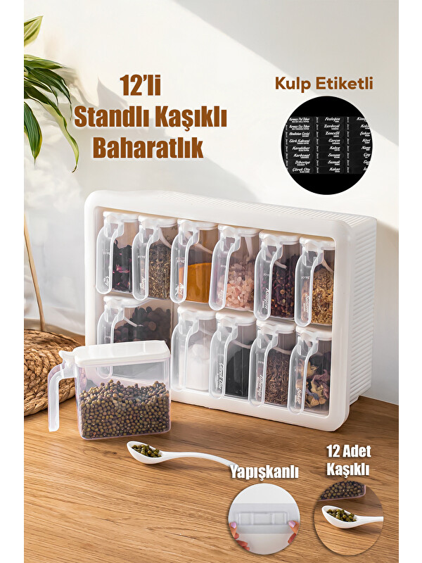 Porsima Simple 1168 Random 12'li Standlı Kendinden Yapışkanlı Kaşıklı Baharatlık Saklama Kabı Seti - Beyaz