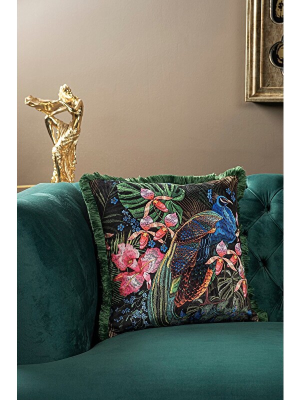 Asdiva Lüks Kadife 43x43 Cm Kırlent Kılıfı Dekoratif Avangart Saçaklı Yeşil Siyah