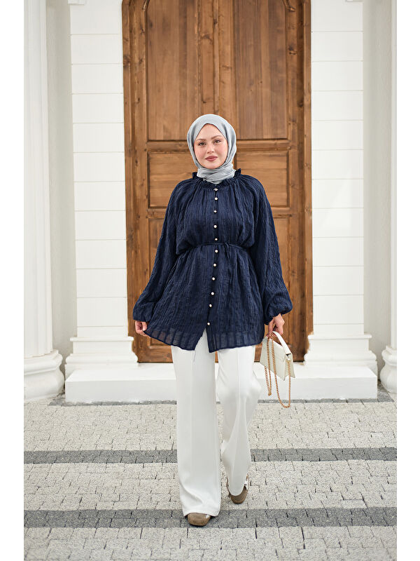 Locco Moda Kadın Önü Britli Simli Büzgülü Gömlek Lacivert
