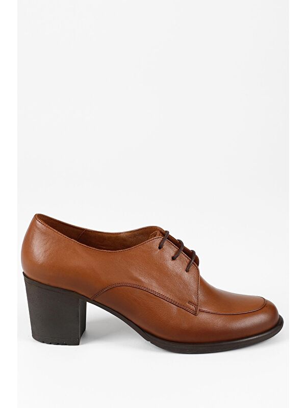 Gonderi(r) Kahverengi Gonderi(r) Hakiki Deri Kalın Orta Topuklu Bağcıklı Kadın Ayakkabı