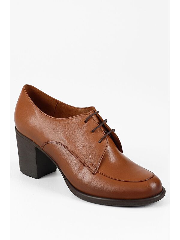 Gonderi(r) Kahverengi Gonderi(r) Hakiki Deri Kalın Orta Topuklu Bağcıklı Kadın Ayakkabı