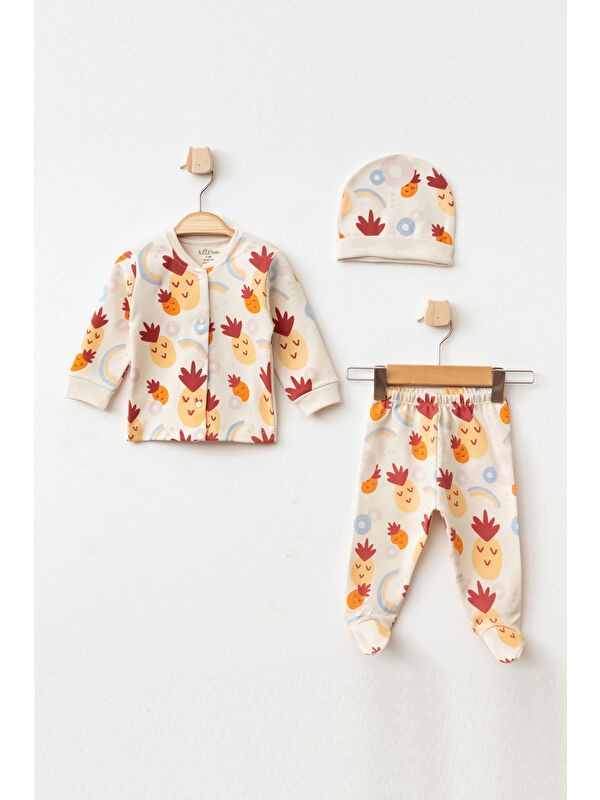AZİZ BEBE Kız Bebek Ananas Desenli Hırka Pantolon Bere 3 'lü Alt Üst Bebek Takımı 0 Ay-6 Ay