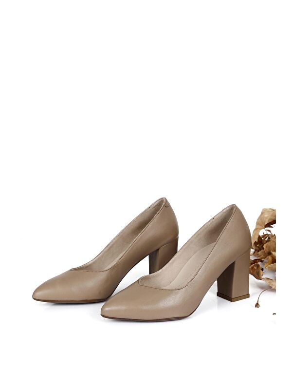 VİZON Hakiki Deri Sivri Burun Yüksek Kalın Topuklu Kadın Ayakkabı 24171 - Görsel 3