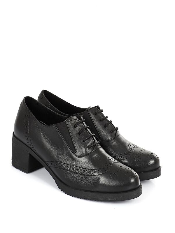 SİYAH Hakiki Deri Yuvarlak Burun Orta Topuklu Kauçuk Taban Bağcıklı Kadın Ayakkabı 24231 - Görsel 3