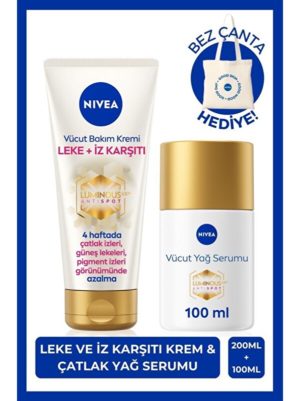 NIVEA Luminous630 Çatlak Karşıtı Yağ Serumu 100ml ve İz Karşıtı Vücut Kremi 200ml, Çanta Hediye, X2