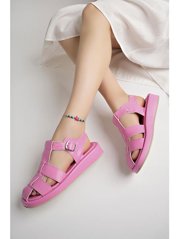 DOSSİ Dolgu Topuklu Bilekten Bağlamalı Tokalı Kadın Sandalet - Görsel 3