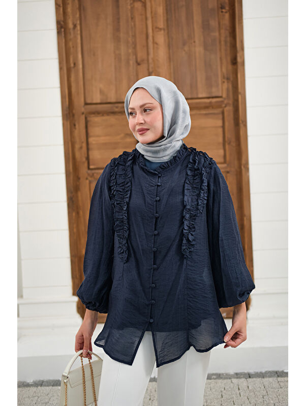 Locco Moda Kadın Yaka Büzgülü Gömlek Lacivert
