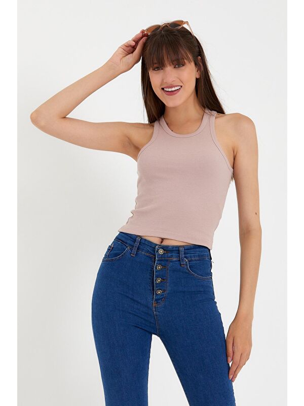 Süperlife Kadın Crop Örme Arkası Yüksek Yaka Slim Fit Atlet-Tişort SPR21Y11
