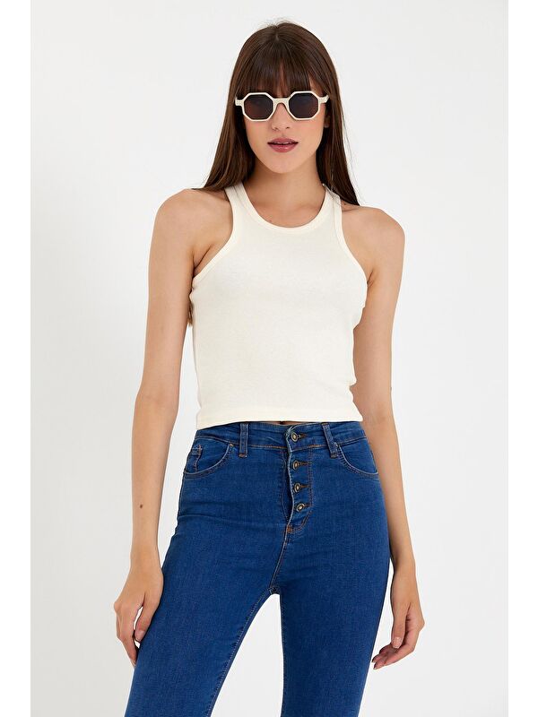 Süperlife Kadın Crop Örme Arkası Yüksek Yaka Slim Fit Atlet-Tişort SPR21Y11