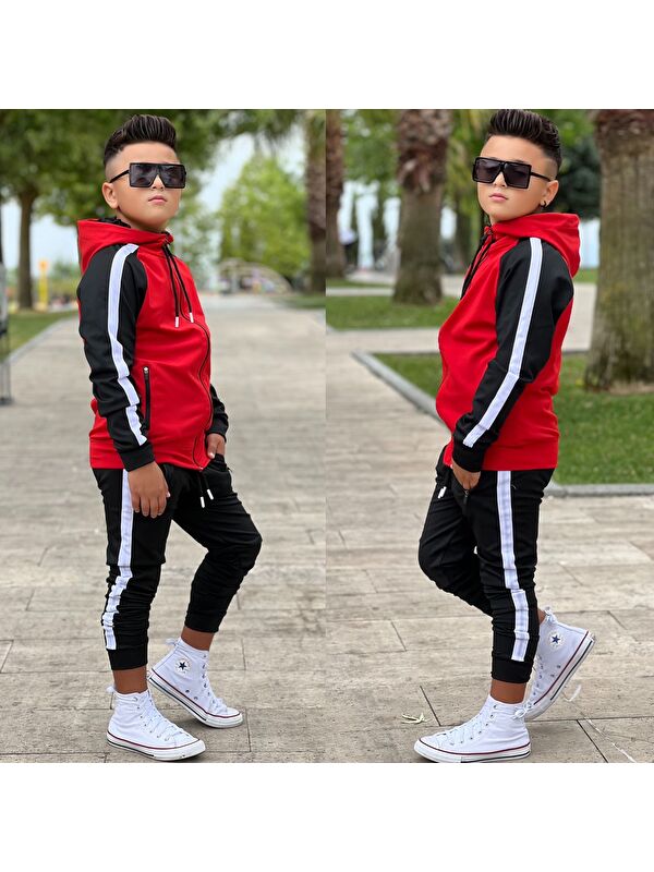 Pina Kids Unisex Şerit Detaylı Kapüşonlu Çocuk Eşofman Takımı ESF.1903