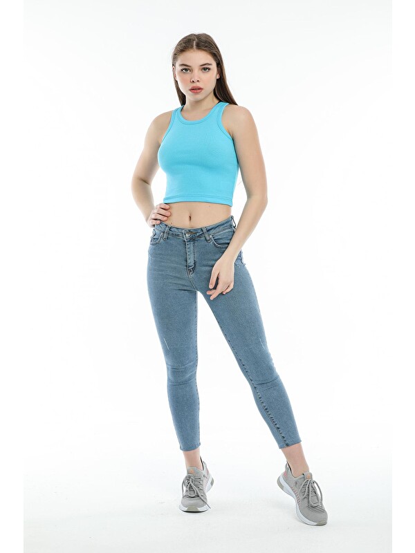 Süperlife Kadın Crop Örme Arkası Yüksek Yaka Slim Fit Atlet-Tişort SPR21Y11