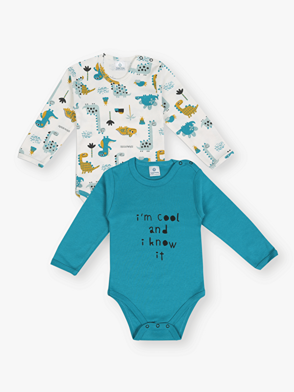Luggi Baby Bisiklet Yaka Baskılı Uzun Kollu Erkek Bebek Çıtçıtlı Body 2'li