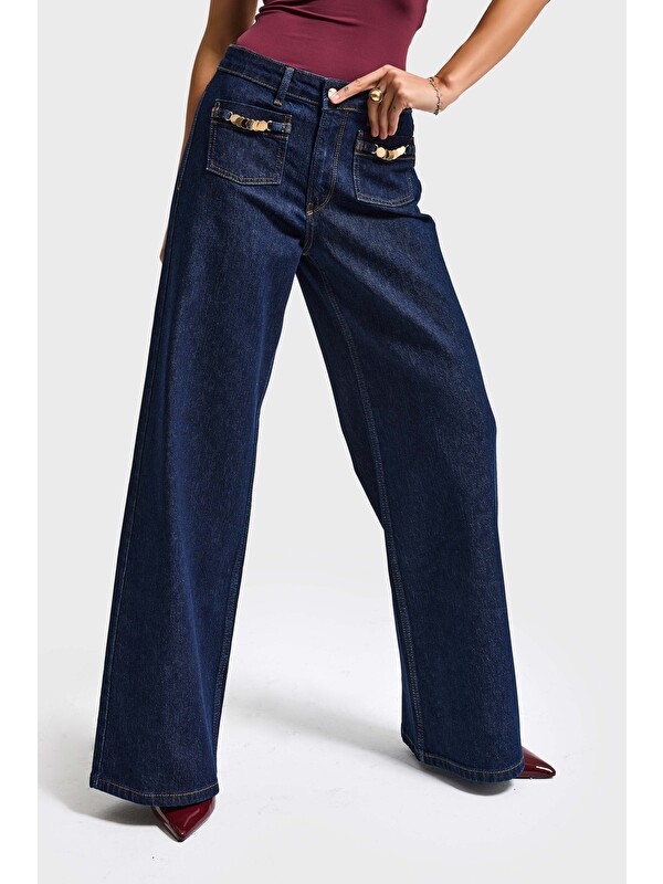 It's Basic Kadın İndigo 7s6-50 Midrise Wide Leg Fit Viskon Kumaş Aksesuar Detaylı Denim Jean