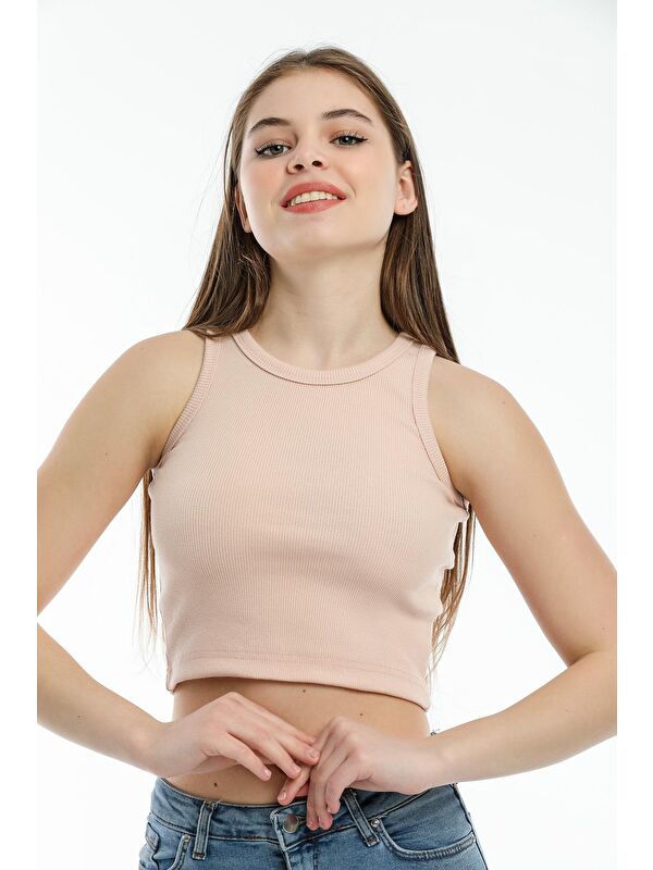 Süperlife Kadın Crop Örme Arkası Yüksek Yaka Slim Fit Atlet-Tişort SPR21Y11