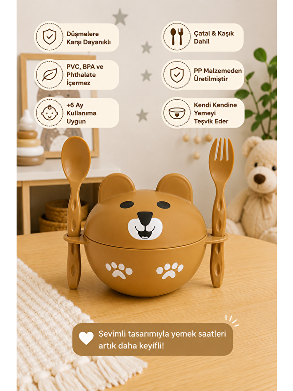ninovivo Sevimli Ayıcık Kapaklı Kase Çatal Kaşık Seti