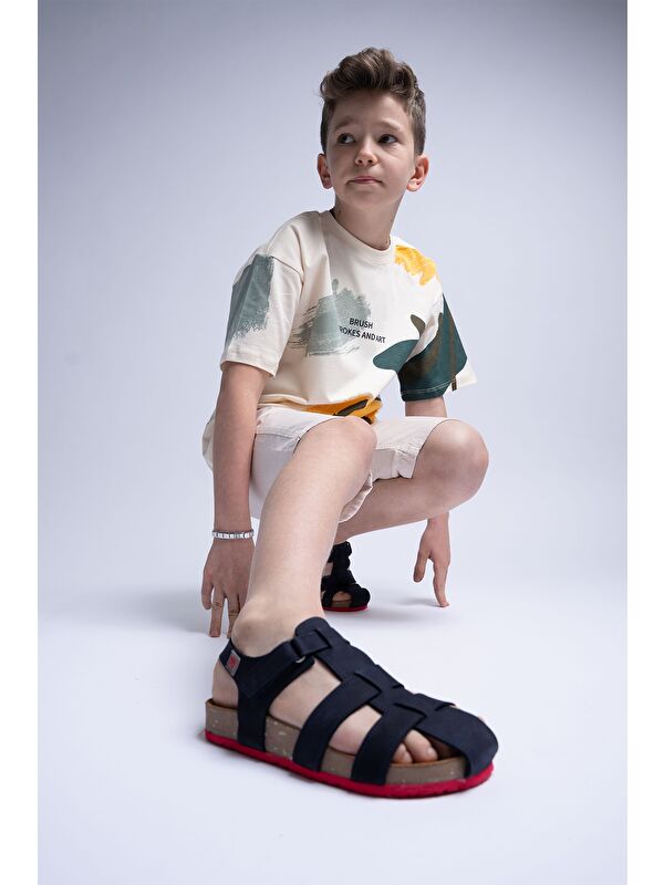 Unisex Çocuk Lacivert Hakiki Deri Mantar Tabanlı Günlük Çocuk Sandalet - Görsel 2