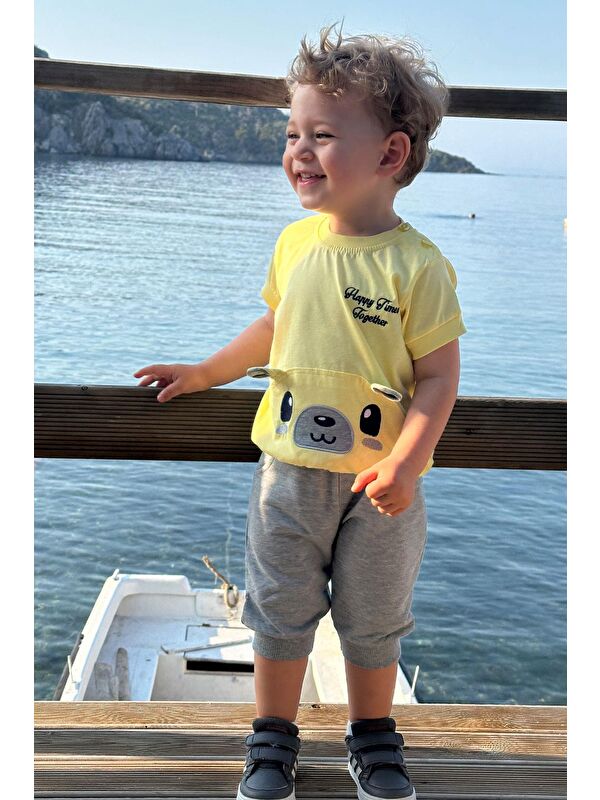 Breeze Erkek Bebek Kapri Takım Sevimli Ayıcık Nakışlı Sarı (9 Ay-1.5 Yaş)
