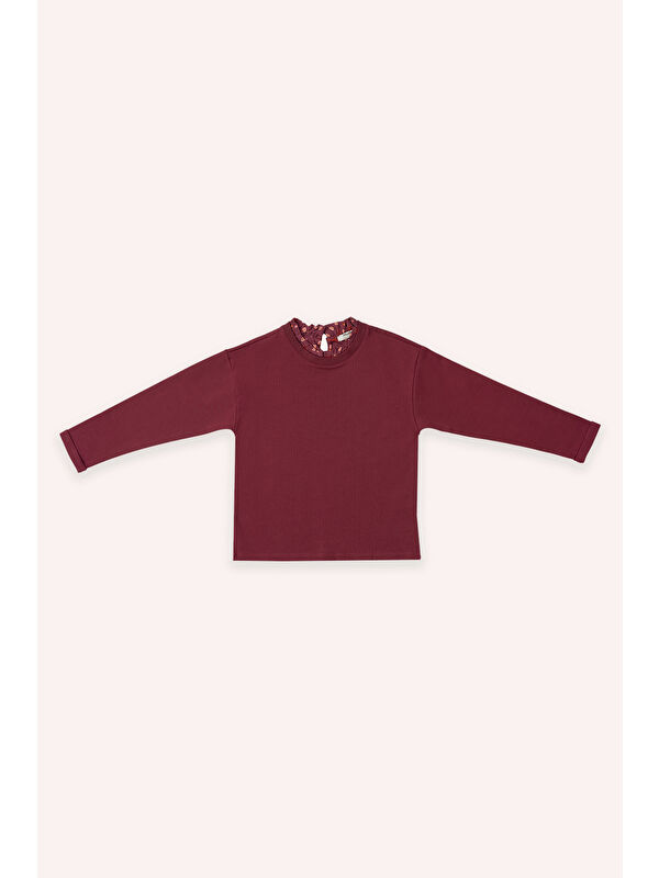 Panço Kız Çocuk Yakası Fırfır Detaylı Bordo Sweatshirt