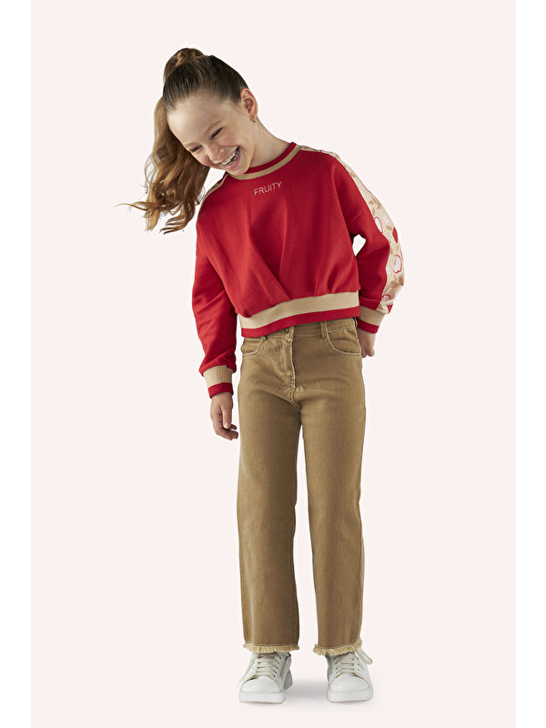 Panço Kız Çocuk Kolları Parça Detaylı Kırmızı Sweatshirt