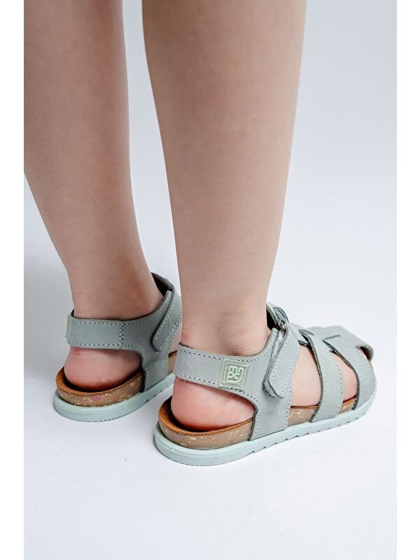 Unisex Çocuk Su Yeşili Hakiki Deri Mantar Tabanlı Günlük Çocuk Sandalet - Görsel 5