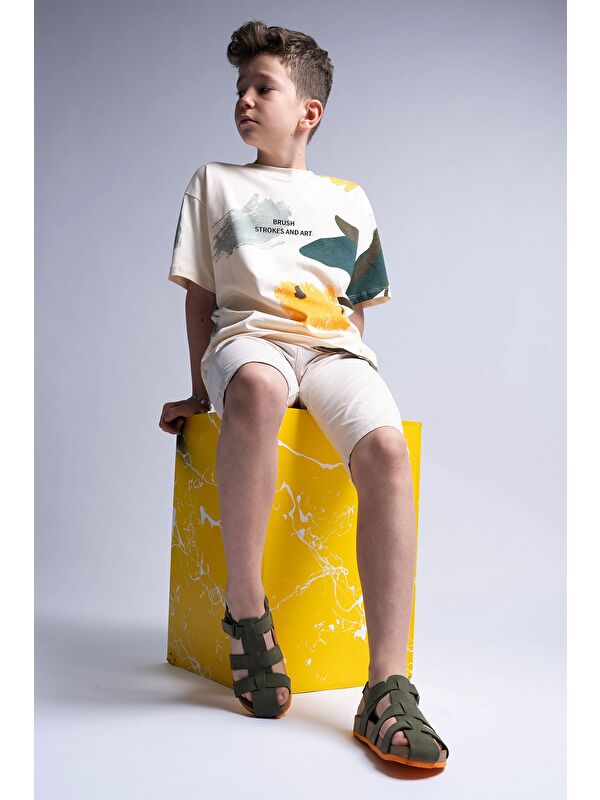 Unisex Çocuk Haki Hakiki Deri Mantar Tabanlı Günlük Çocuk Sandalet - Görsel 3