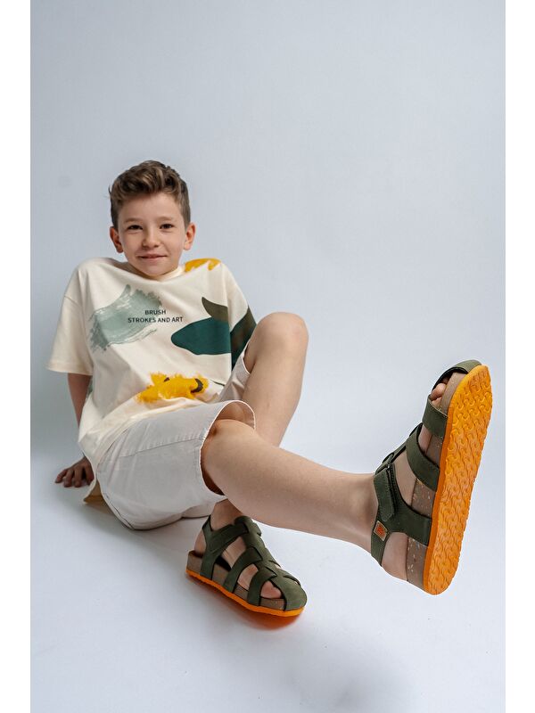 Unisex Çocuk Haki Hakiki Deri Mantar Tabanlı Günlük Çocuk Sandalet - Görsel 5