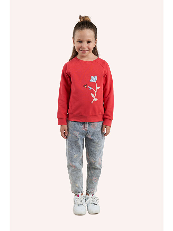 Panço Kız Çocuk Nakış Detaylı Kırmızı Sweatshirt