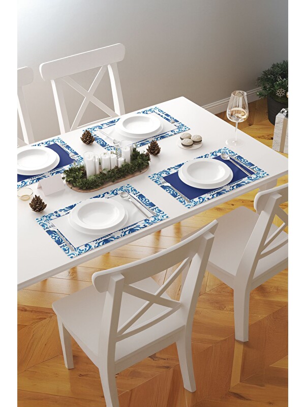 Asdiva Flowa Etnik Motifli Çiçekli Mavi Zemin 1 Adet Amerikan Servis –Mavi/Beyaz 45x35 cm