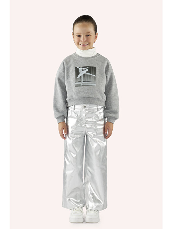 Panço Kız Çocuk Baskı Detaylı Gri-Melanj Sweatshirt