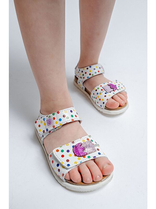 Kız Çocuk Beyaz Hakiki Deri Mantar Tabanlı Günlük Çocuk Sandalet - Görsel 5