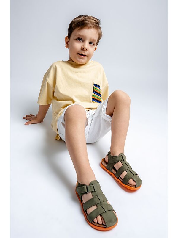 Unisex Çocuk Haki Hakiki Deri Mantar Tabanlı Günlük Çocuk Sandalet - Görsel 3