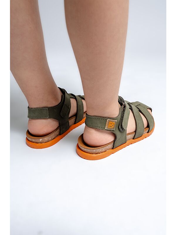 Unisex Çocuk Haki Hakiki Deri Mantar Tabanlı Günlük Çocuk Sandalet - Görsel 5