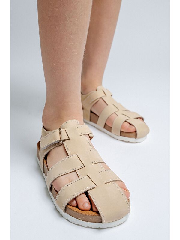 Unisex Çocuk Açık Sarı Hakiki Deri Mantar Tabanlı Günlük Çocuk Sandalet - Görsel 5