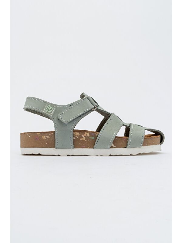 Unisex Çocuk Su Yeşili Hakiki Deri Mantar Tabanlı Günlük Çocuk Sandalet - Görsel 5