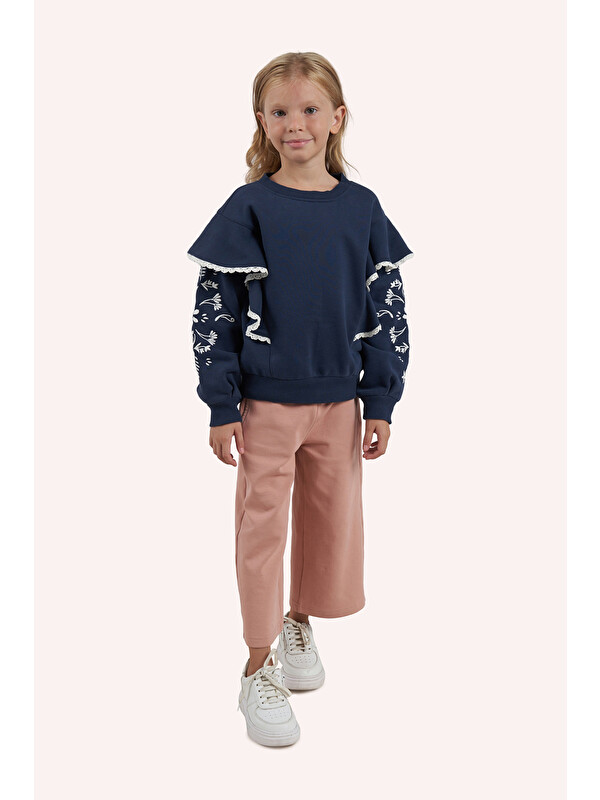 Panço Kız Çocuk Nakışlı Lacivert Sweatshirt