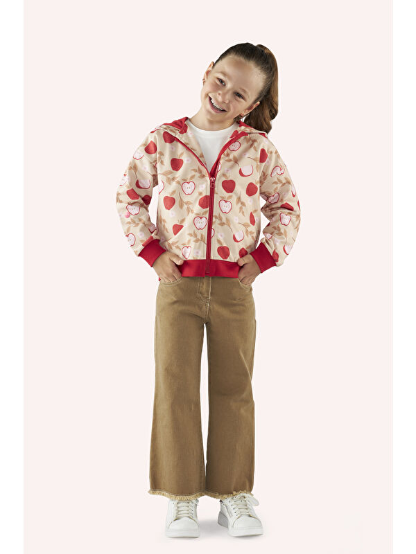 Panço Kız Çocuk Fermuarlı Elma Desenli Bej Sweatshirt
