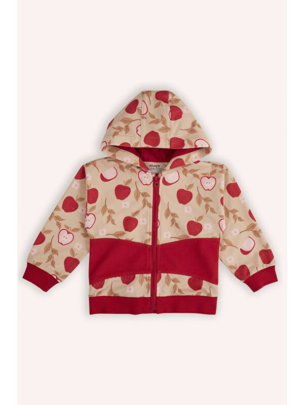 Panço Kız Bebek Elma Desenli Fermuarlı Bej Sweatshirt