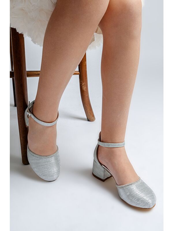 Kız Çocuk Gümüş Taşlı Topuklu Abiye Ayakkabı - Görsel 5